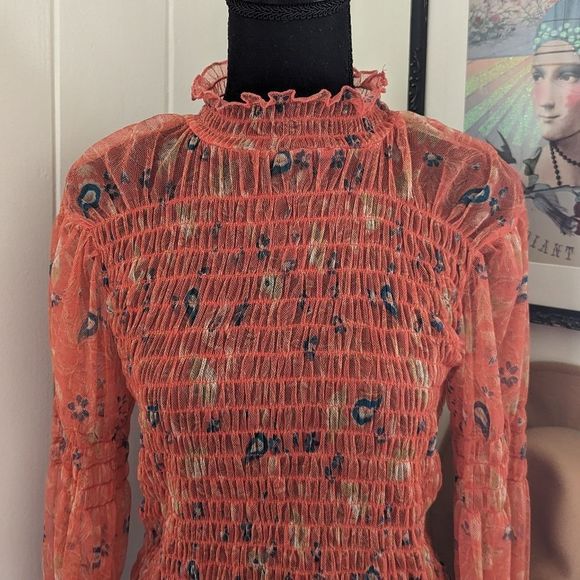 Free People Floral Shirred Mesh Bell Sleeve Fairycore Hippie Rock Top XL - Picture 5 of 14